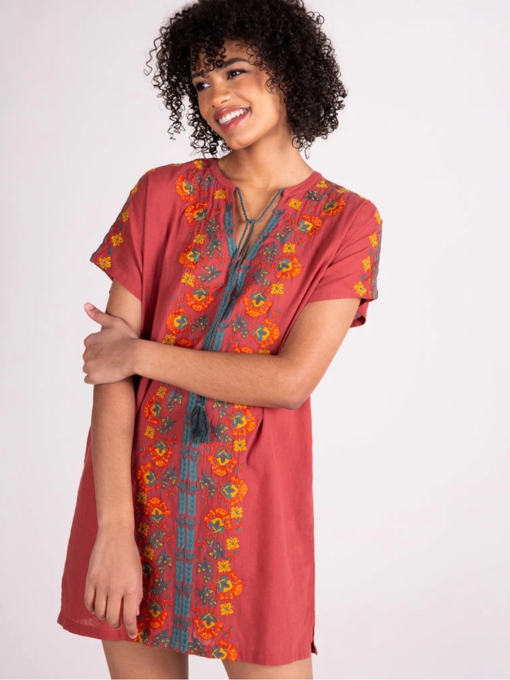 Natural Life Terracotta Floral Embroidered Boho Cotton Tassel Shift Dress Sz L